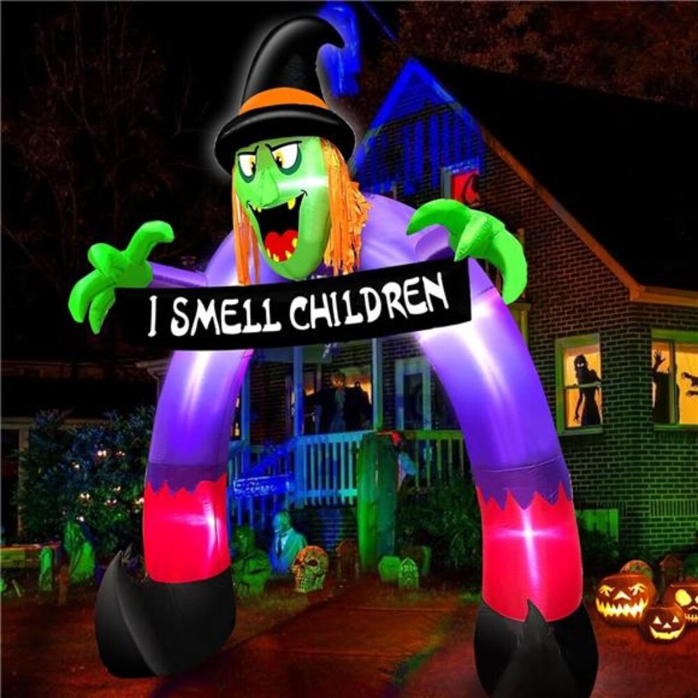 New 8Ft Halloween Inflatables Outdoor Decorations Scary Witch Holds Banner‎